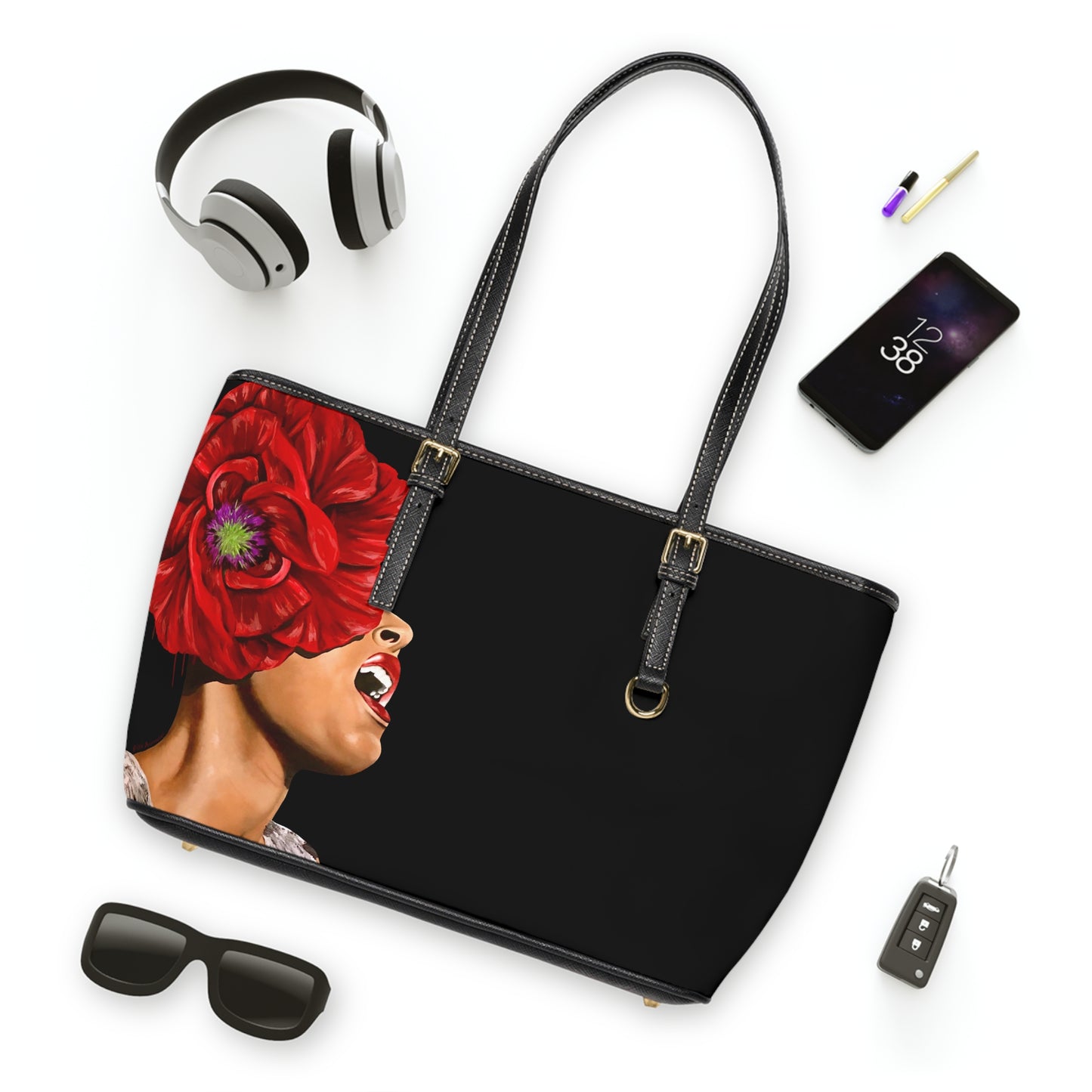 Leather OG Shoulder Bag- Billie Holiday print painted by Lola Buckwald