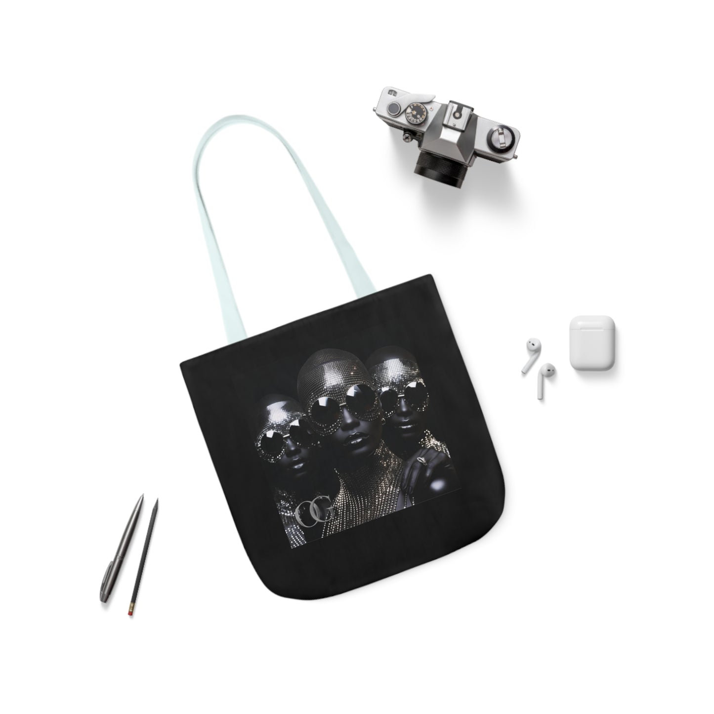 Chic Black Canvas Tote Bag with 5-Color Straps and Artistic Design