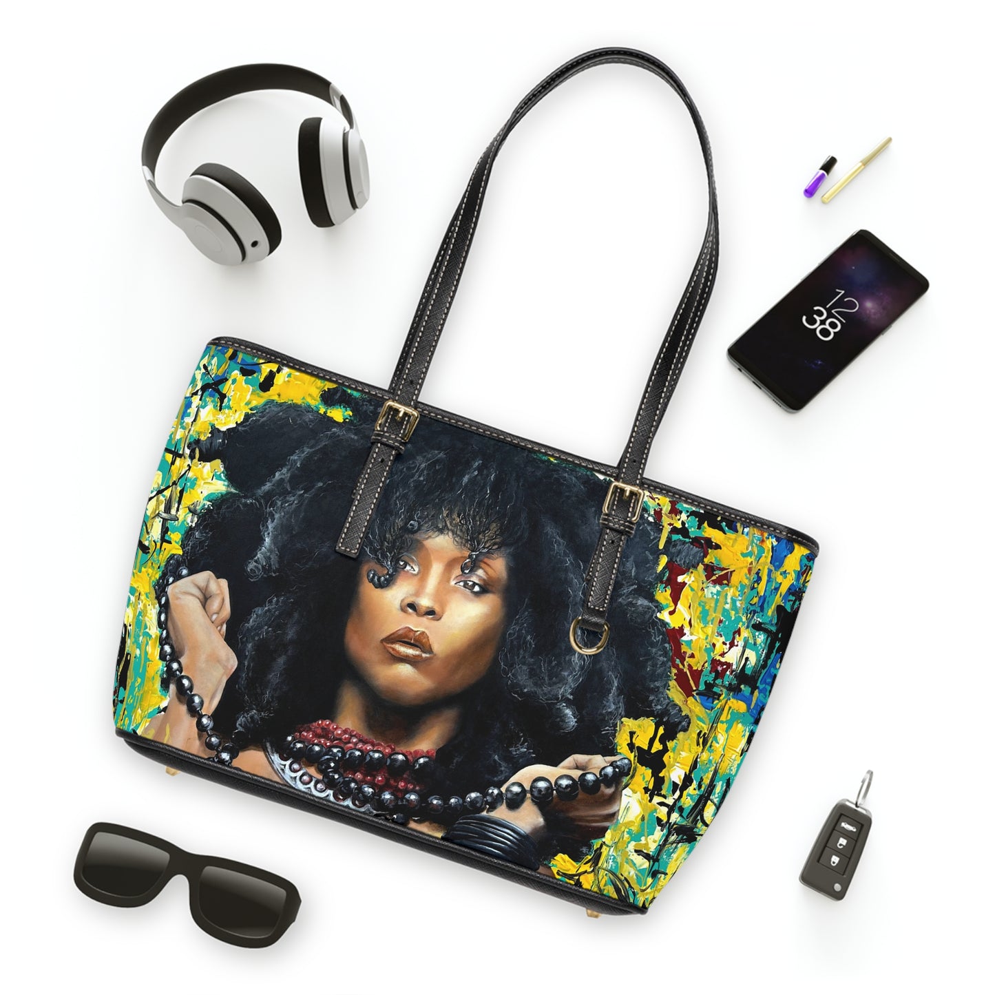 Leather OG Shoulder Bag with print of Erykah Badu painted by Lola Buckwald