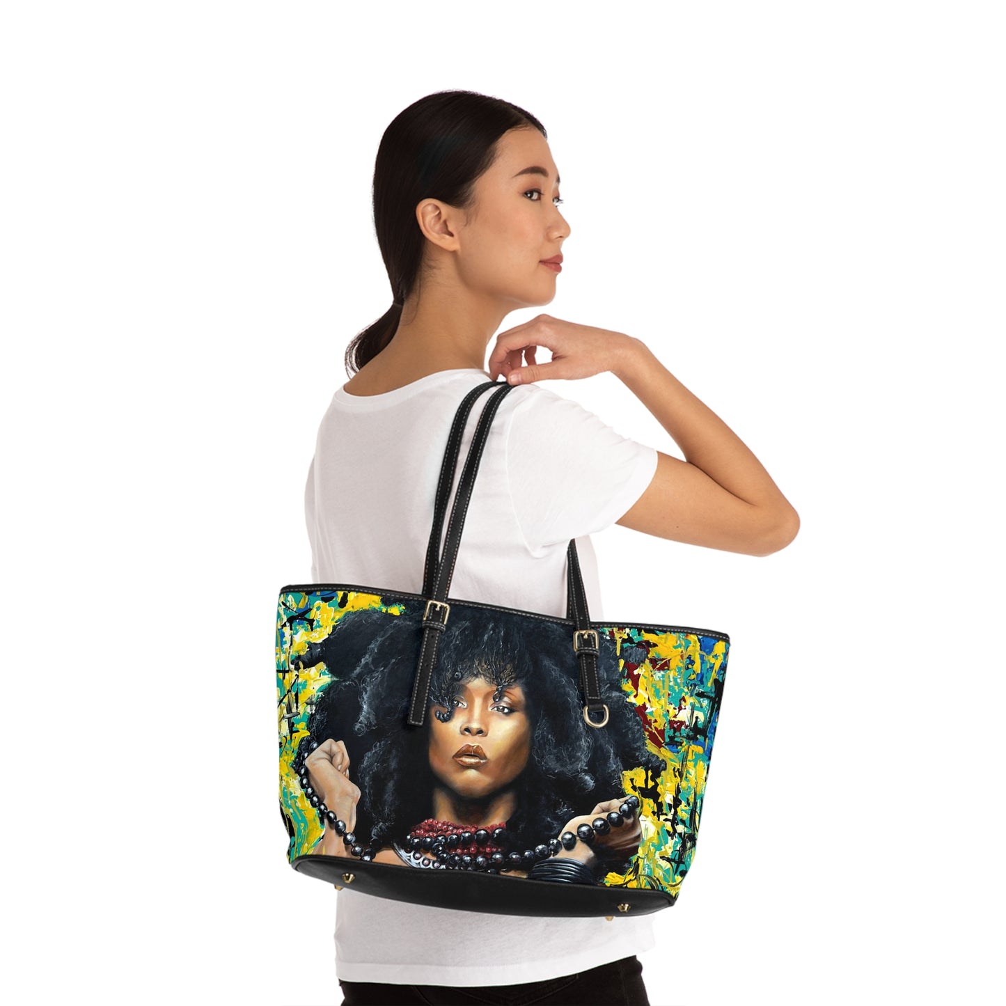 Leather OG Shoulder Bag with print of Erykah Badu painted by Lola Buckwald