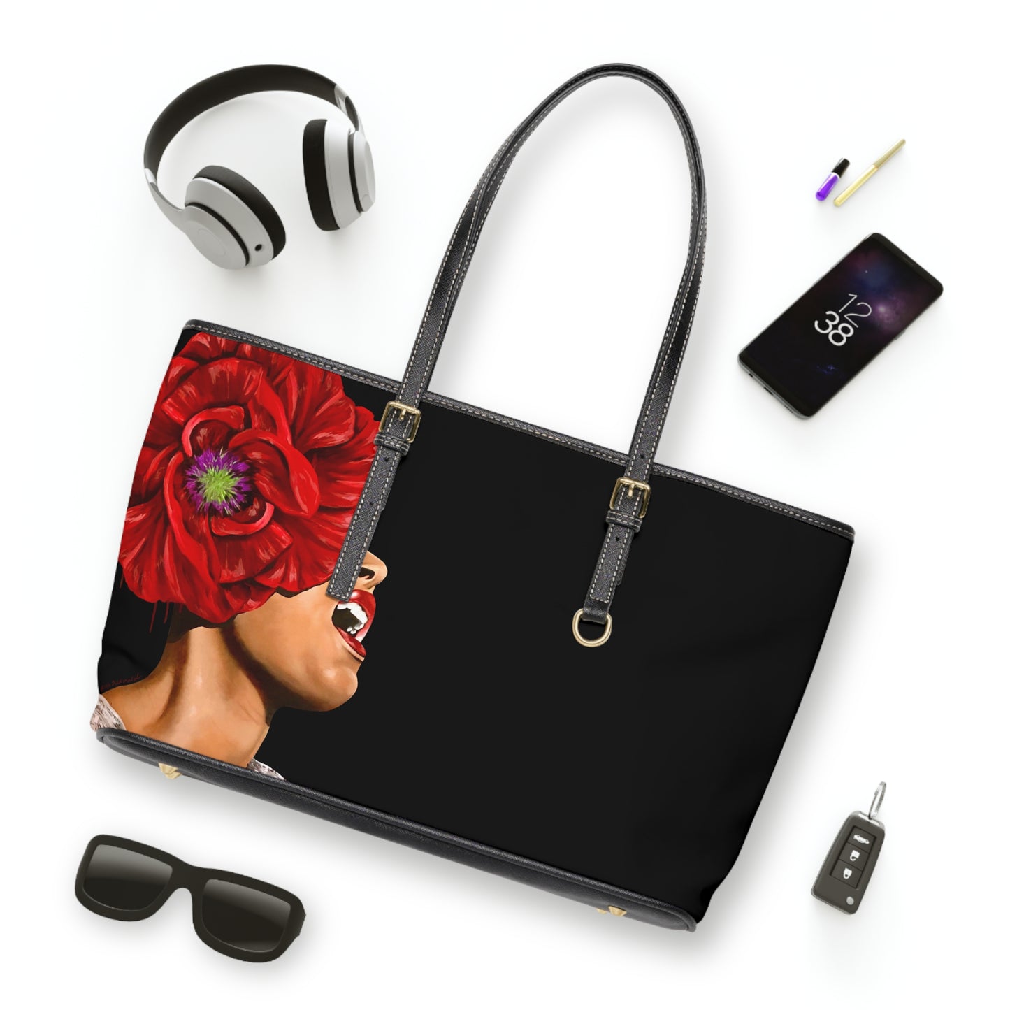 Leather OG Shoulder Bag- Billie Holiday print painted by Lola Buckwald