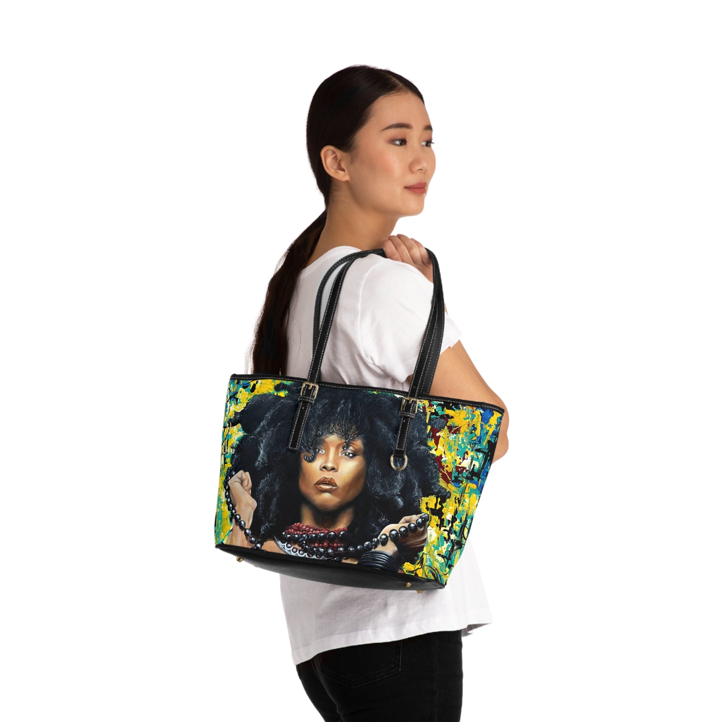 Leather OG Shoulder Bag with print of Erykah Badu painted by Lola Buckwald