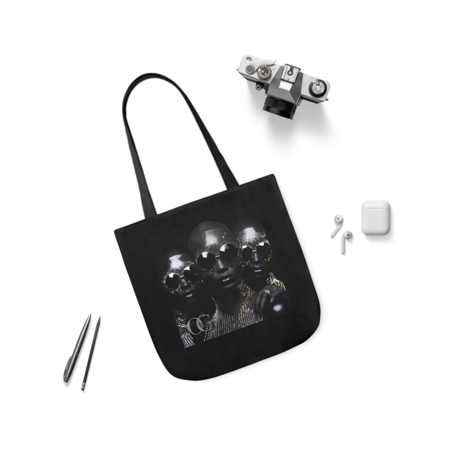 Chic Black Canvas Tote Bag with 5-Color Straps and Artistic Design