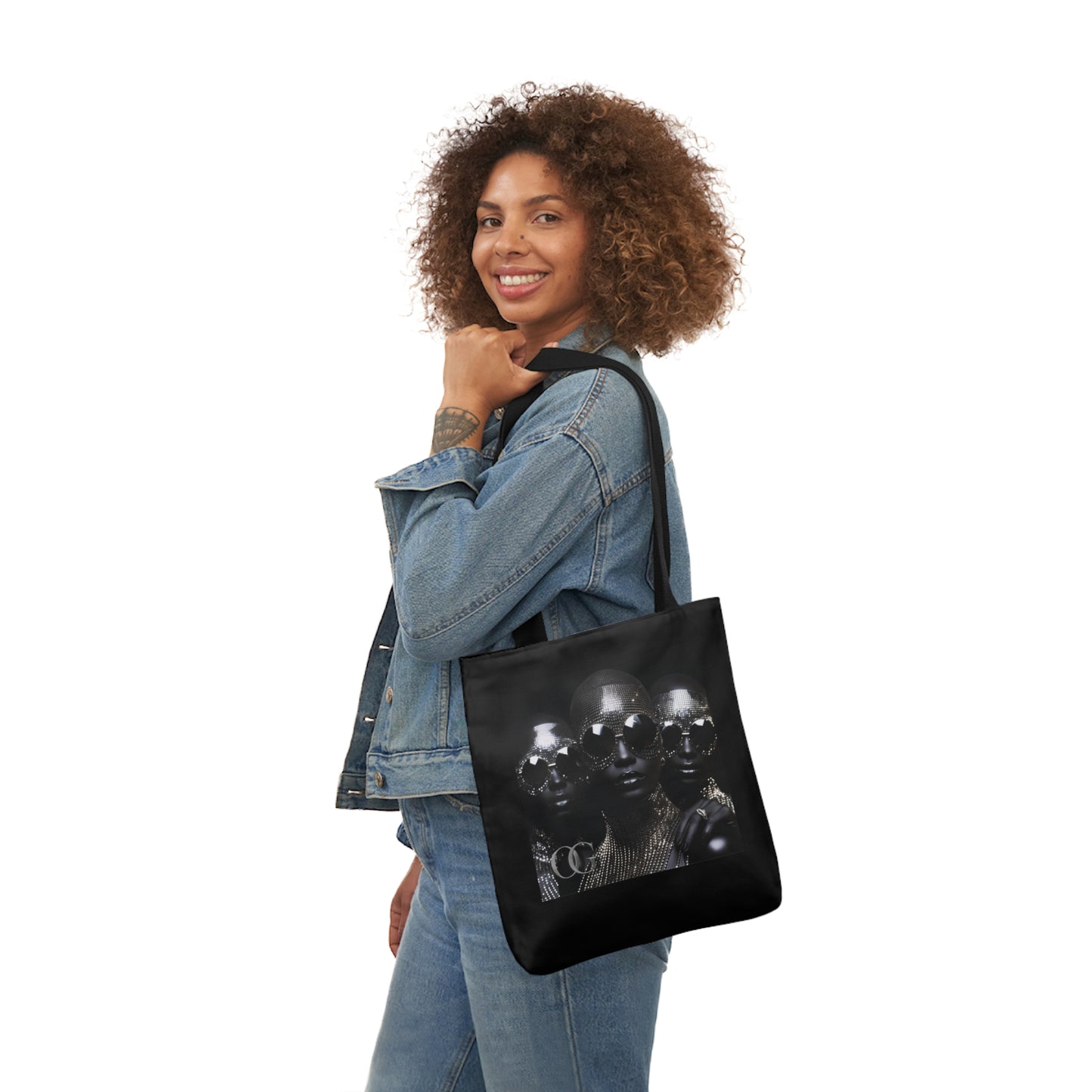 Chic Black Canvas Tote Bag with 5-Color Straps and Artistic Design