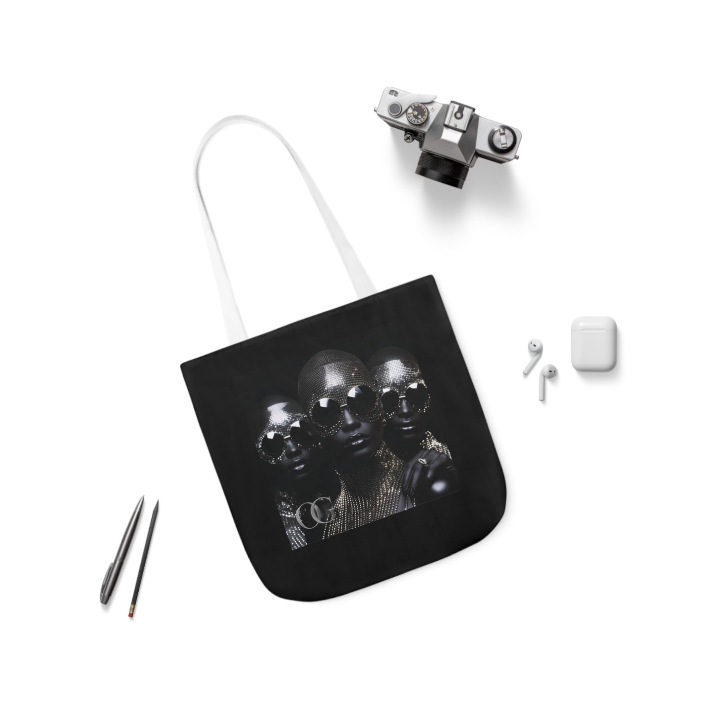 Chic Black Canvas Tote Bag with 5-Color Straps and Artistic Design