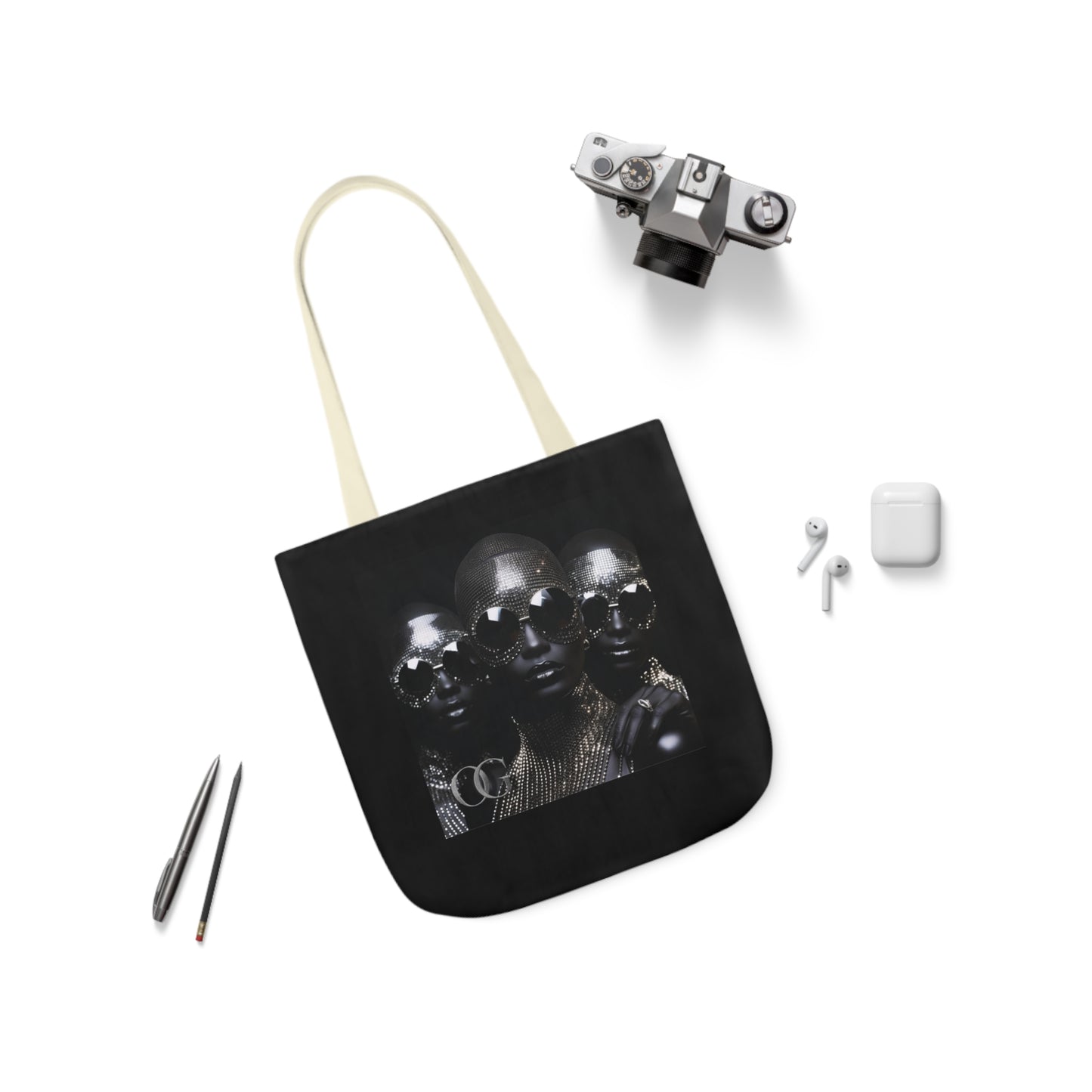 Chic Black Canvas Tote Bag with 5-Color Straps and Artistic Design