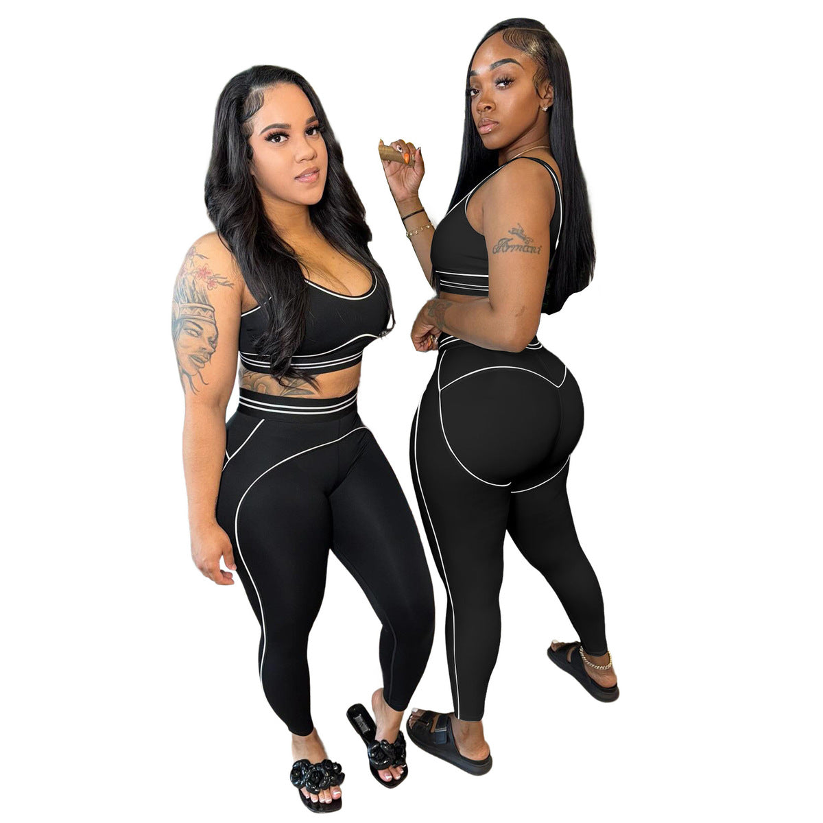 Women's Sexy Contrast Trim Sleeveless Tank Top High Waist Yoga Pants Set