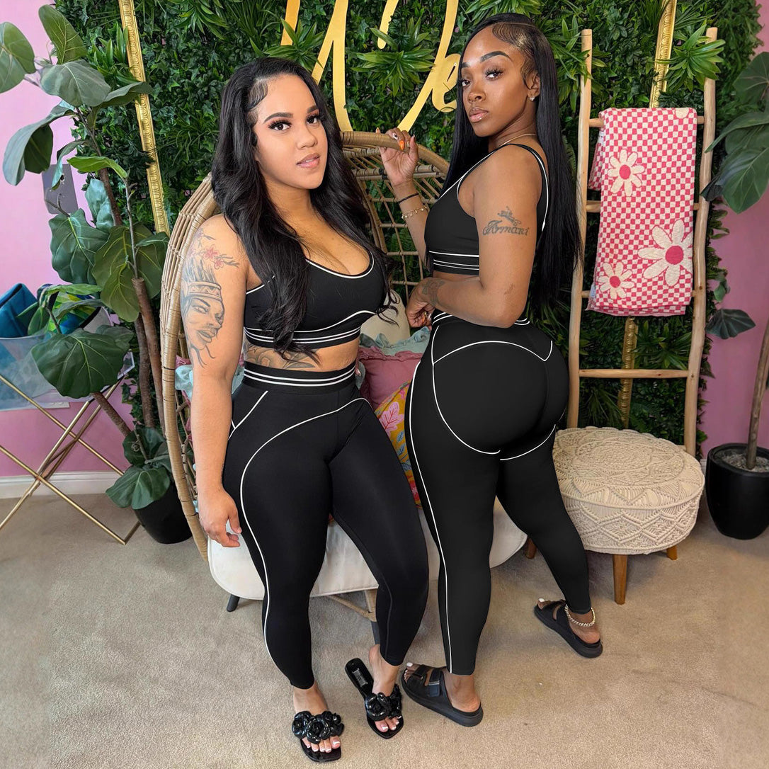 Women's Sexy Contrast Trim Sleeveless Tank Top High Waist Yoga Pants Set